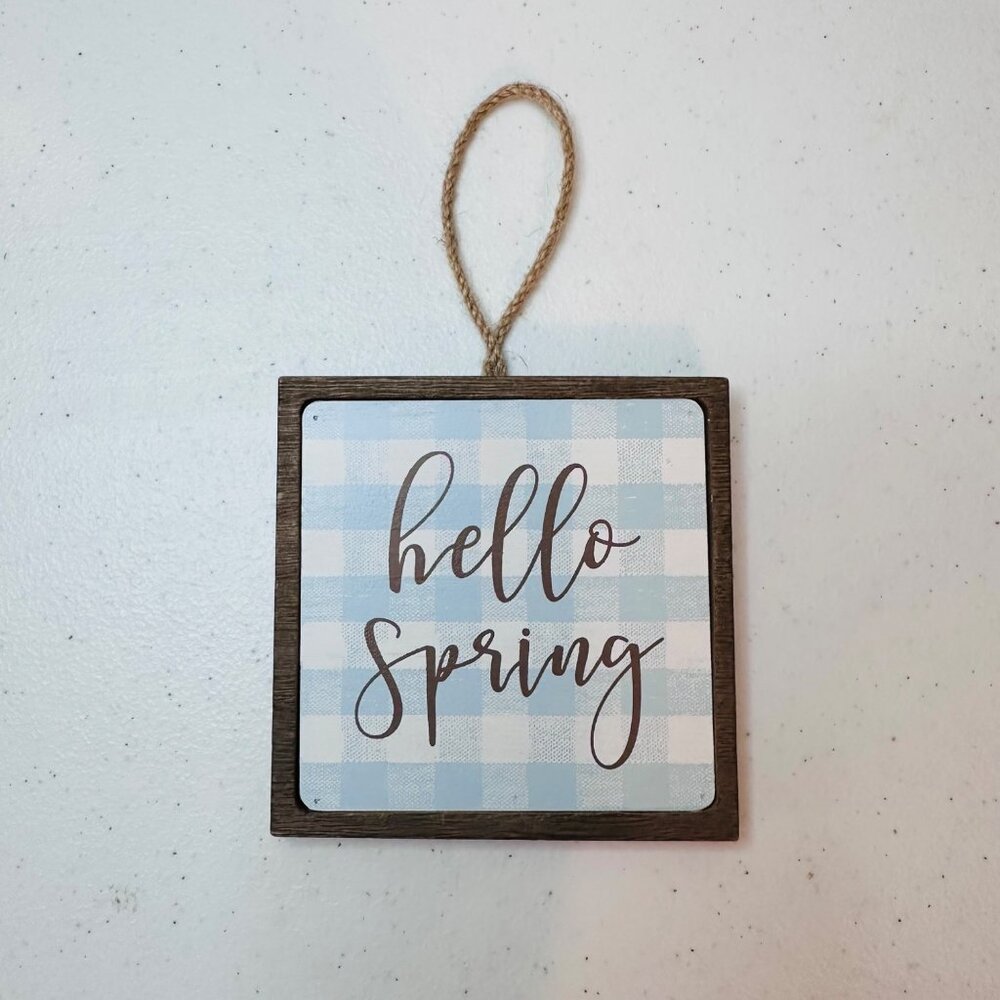 Rustic Buffalo Plaid Mini Sign "Hello Spring" Hanging Decoration Twine Hanger